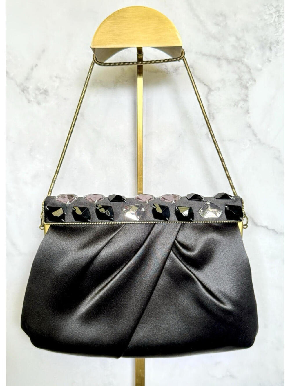 Vintage Style Kate Landry Black Satin Evening Bag Jeweled Clasp Prom Party Glam